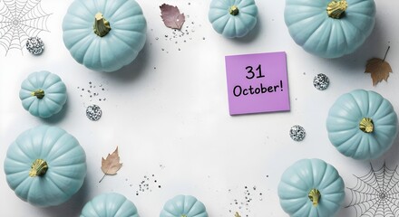 Elegant Halloween flat lay with a metallic pumpkin, bronze leaves, and spiderwebs on a dark background, featuring a glowing 'Spooky Season!' note, perfect for festive autumn designs