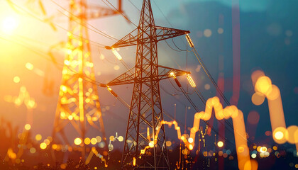 Electric Grid and Energy Dynamics: A striking image capturing the essence of the modern energy landscape, showcasing towering electricity pylons interwoven with dynamic data representations.