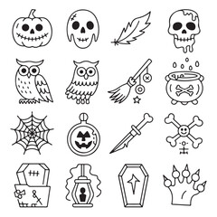 Vector illustration set of cartoon fun owls and Halloween icons collection