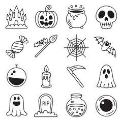 The Halloween icons set features a collection of vector silhouette illustrations and symbols for a black holiday party design