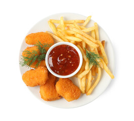 Tasty french fries, chicken nuggets, dill and sauce isolated on white, top view