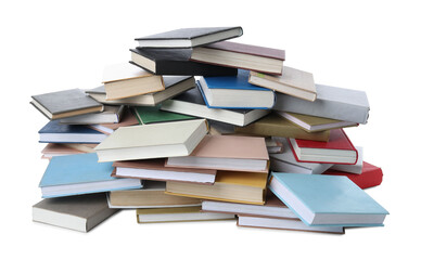 Group of different stacked books isolated on white