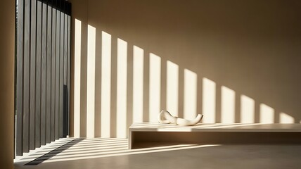 Obraz premium Sunlight stripes cast dramatic shadows on a modern wall and bench