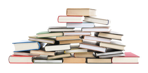 Group of different stacked books isolated on white