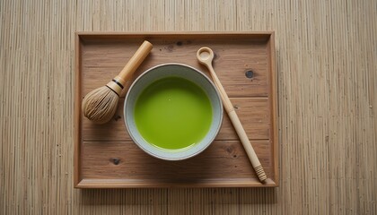 Overhead photography of a Japanese tea bowl with bright matcha, bamboo whisk and scoop on a wooden tray, tatami mat surface, minimal traditional aesthetic."

