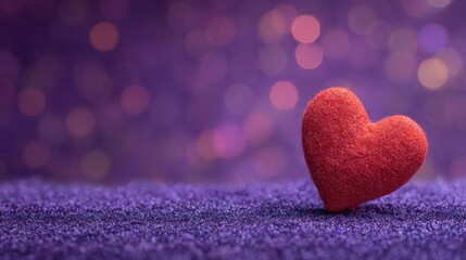 Fototapeta premium Red glitter heart on purple gradient background with bokeh lights, featuring romantic decoration elements for Valentine's Day and love themes.