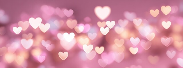 Blurred bokeh heart shapes in pastel pink, peach, and white on a pink background, ideal for Valentine's Day, love, romance, and dreamy affection themes.