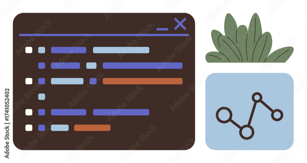 Wall mural web interface tab displays progress tracking and data chart alongside a potted plant. ideal for anal