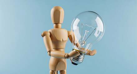 Simple wooden artist's mannequin holding a large incandescent light bulb, symbolizing a breakthrough idea and creative thinking