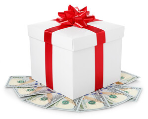 Gift box with dollar banknotes isolated on white