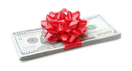 Dollar banknotes with bow isolated on white