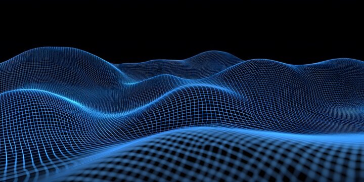 Abstract blue wireframe landscape on black background, wave lines and grids - Powered by Adobe