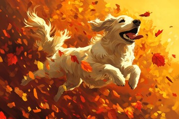 Golden retriever joyfully running through autumn leaves