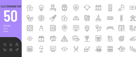 ELECTROMAGNETISM Line Editable Icons set. Vector illustration in modern thin line style of electrical energy related icons: electricity meter, electric cable, electrical panel, and more. 