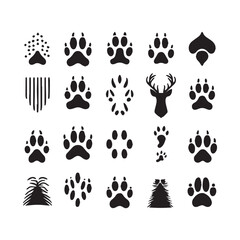 Collection of Black Animal Paw Prints Footprints Deer Antlers and Feather Silhouettes on White Background