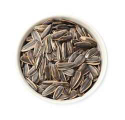 Sunflower seeds in bowl isolated on white, top view