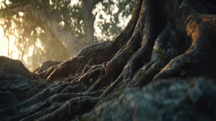 Close-up cinematic shot of Bodhi tree roots intertwining with forest rocks, morning mist rising in soft golden light