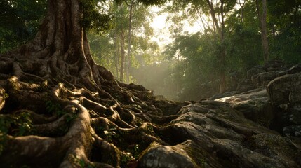 Close-up cinematic shot of Bodhi tree roots intertwining with forest rocks, morning mist rising in soft golden light