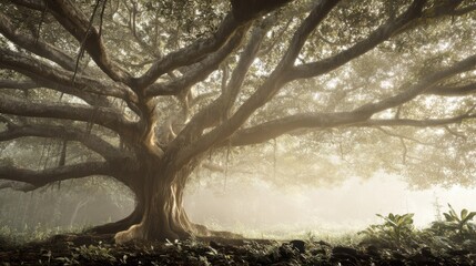 Bodhi tree with countless branches spreading wide, misty morning light creating a divine aura, high-definition cinematic tone