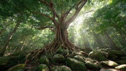 Enormous Bodhi tree in the deep rainforest, roots entwined with stones, sunlight filtering through lush green canopy, film-style lighting