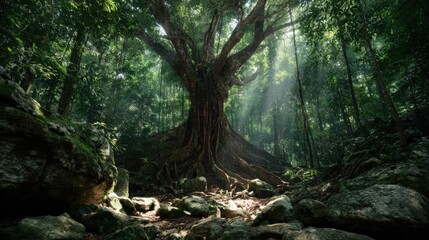 Enormous Bodhi tree in the deep rainforest, roots entwined with stones, sunlight filtering through lush green canopy, film-style lighting
