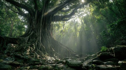 Enormous Bodhi tree in the deep rainforest, roots entwined with stones, sunlight filtering through lush green canopy, film-style lighting