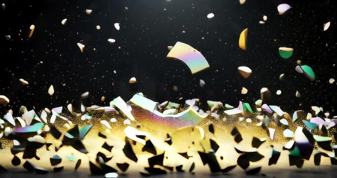Shattered colorful logo fragments exploding against a dark, starry background