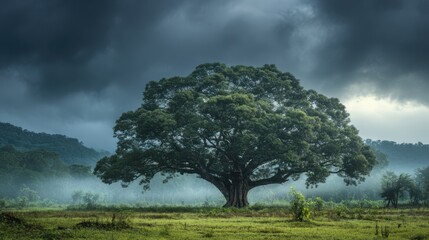 Giant Bodhi tree under dramatic sky, forest mist swirling around, cinematic HDR scene, high-definition natural lighting
