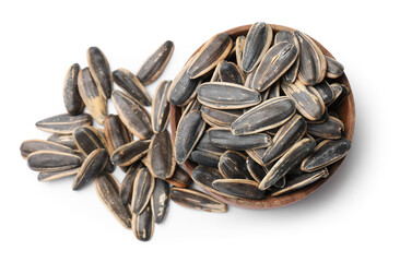 Sunflower seeds in bowl isolated on white, top view
