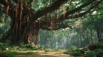 Giant Bodhi tree with hanging vines, dappled sunlight breaking through, tranquil deep forest environment, cinematic realism