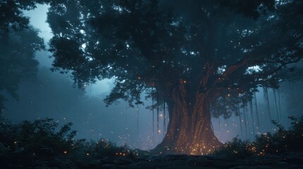 Majestic Bodhi tree surrounded by soft mist and glowing fireflies, deep forest mystery, high-resolution cinematic scene