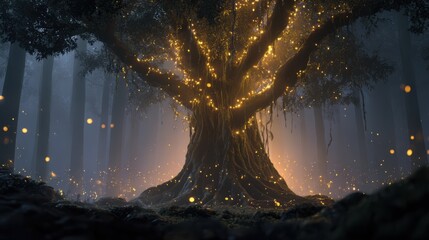 Majestic Bodhi tree surrounded by soft mist and glowing fireflies, deep forest mystery, high-resolution cinematic scene