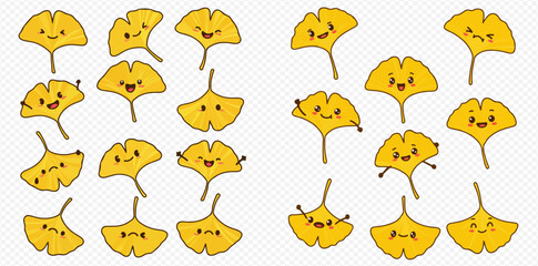 Cute ginkgo leaves with faces, arranged in two groups on a white background.