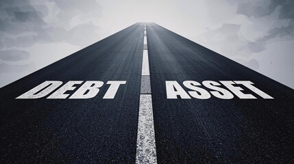 Business Decision Concept: Choosing Between Debt and Assets on a Road
