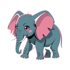 Fototapeta premium Cute baby elephant T-shirt design with big eyes and pink ears. Adorable calf walking. Sweet jungle animal. Playful wildlife. Baby animal character.