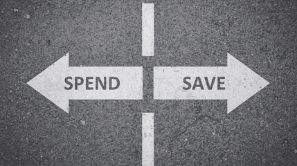 Financial Decision Concept: Directional Signs for Spending vs. Saving on Asphalt Background