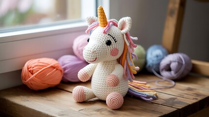 Handmade crochet unicorn toy with colorful yarn balls on a wooden surface