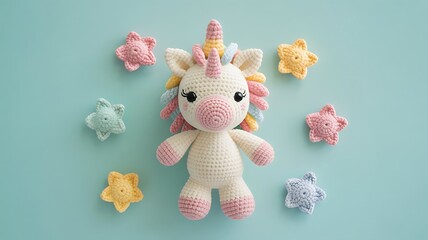 Cute crocheted unicorn surrounded by small colorful star shaped toys on a teal background