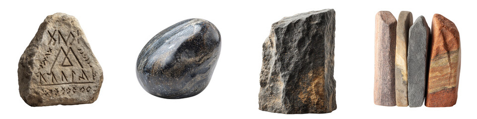 Ancient carved stone rock collection natural stones on transparent background