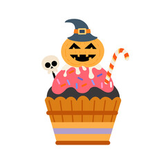 Cute Halloween Cupcake with Pumpkin Jack O’Lantern and Skull Decoration — Flat vector illustration of a cute Halloween cupcake topped with pumpkin jack-o’-lantern, candy cane, and skull decoration. Pe