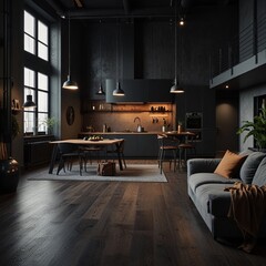Dark-Toned Luxury Studio with Cozy Bedroom & Gym Space