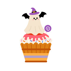 Cute Halloween Cupcake with Ghost and Bat Wings — Flat vector illustration of a cute Halloween cupcake topped with a smiling ghost wearing a witch hat and bat wings, decorated with candy. Perfect for 