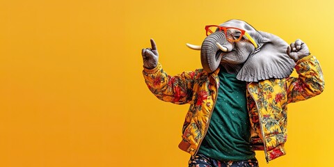 A fashionable elephant dressed in a trendy jacket and glasses dances on a wide banner with space for text