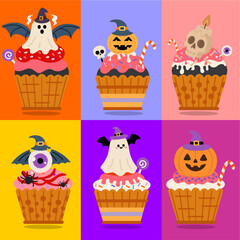 Set of Cute Halloween Cupcakes with Ghost, Pumpkin, Skull, and Eyeball Decorations — Flat vector illustration set of cute Halloween cupcakes decorated with ghosts, pumpkins, skulls, eyeballs, bats, an
