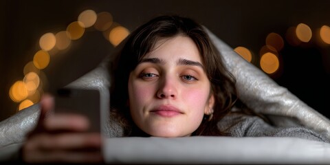 Portrait of young sleepy tired woman in bed under blanket using smartphone late at night, can't sleep. Insomnia, Cell phone addiction