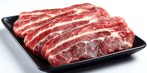 Pork Collar Slices, Marbled raw pork collar slices, beautifully overlapping in a sleek black tray. Pure white background. Juicy, tender appearance.
