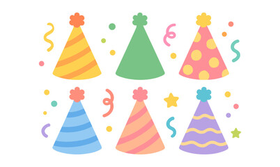 Festive party hat collection with colorful patterns and decorations
