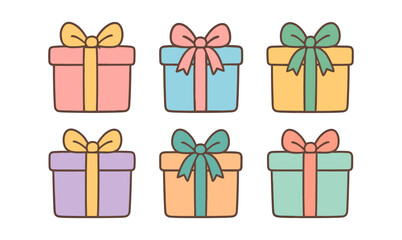 Colorful gift boxes with bows in pastel tones on white background