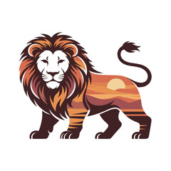 Obraz premium Powerful lion standing, savanna landscape with sunset inside its body, wild nature T-shirt Design. safari animal. Wildlife emblem.