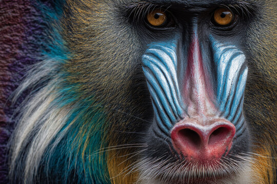 Close-up portrait of a mandrill monkey with vivid blue and red facial markings and intense yellow eyes